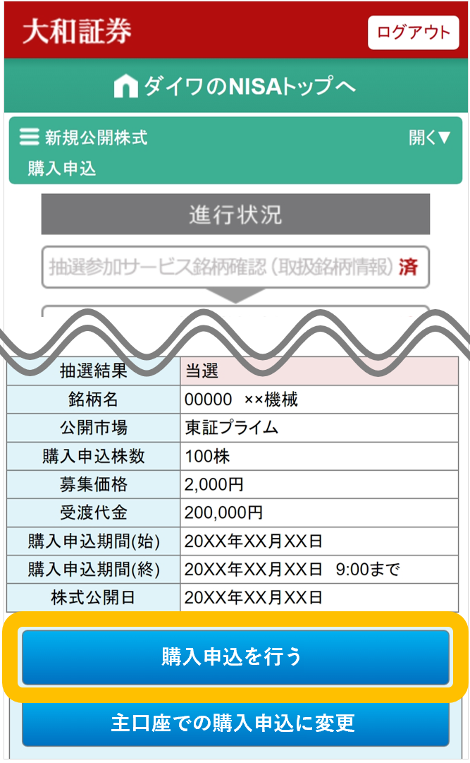 大和証券オンライントレードの、NISA口座のお取引画面。新規公開株式（IPO）抽選参加サービスの購入申込で、抽選結果や銘柄情報が表示されており、画面下部に「購入申込を行う」と「主口座での購入申込に変更する」の2つのボタンがある。