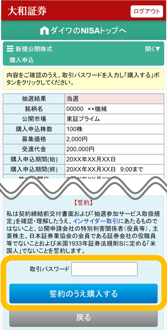大和証券NISA口座での新規公開株式（IPO）抽選参加サービスの購入申込画面。抽選結果、銘柄詳細、購入申込情報、注意事項等が表示されています。画面下部に取引パスワード入力欄と「誓約のうえ購入する」のボタンがあります。